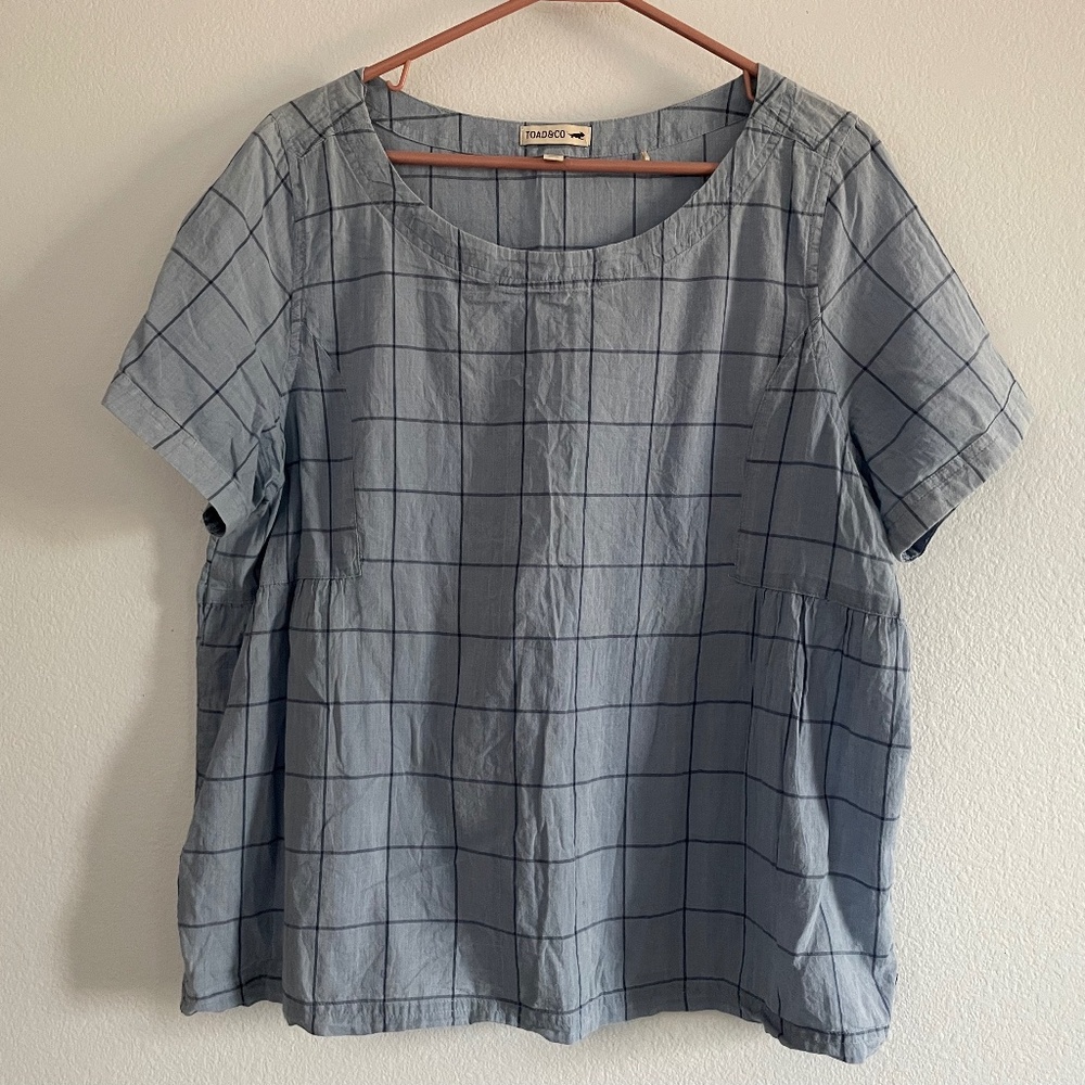 Toad&Co Light Blue Grid Short-Sleeve Scoop Neck Blouse